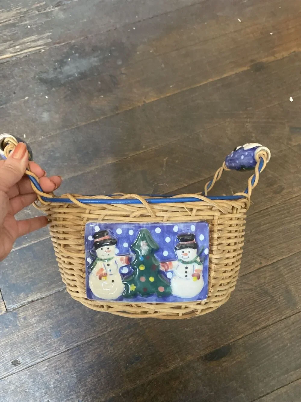 Holiday Wicker Basket with Hand-painted Snowman Ceramic Handles And Ceramic Tile